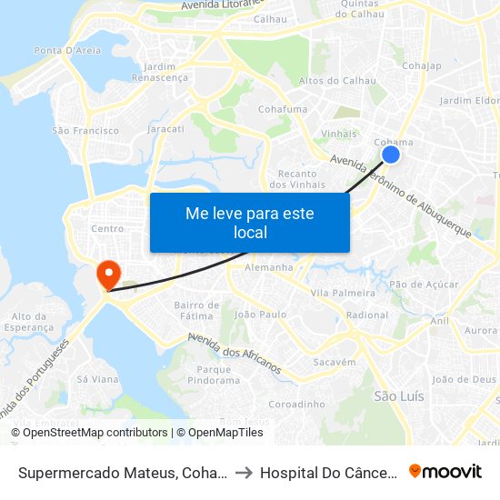 Supermercado Mateus, Cohama (Sentido Centro) to Hospital Do Câncer Do Maranhão map