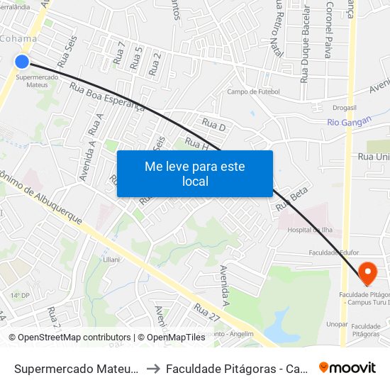 Supermercado Mateus, Cohama to Faculdade Pitágoras - Campus Turu II map