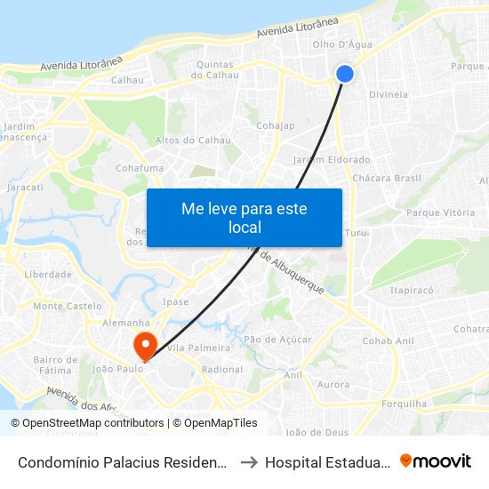 Condomínio Palacius Residence, Olho D'Água (Sentido Centro) to Hospital Estadual Presidente Vargas map