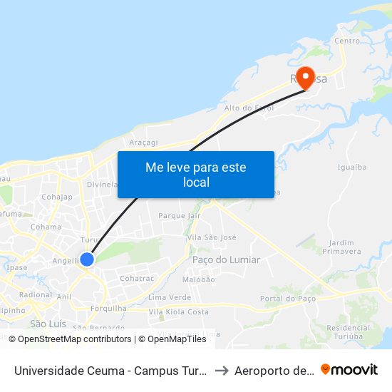 Universidade Ceuma - Campus Turu (Sentido Bairro) to Aeroporto de Raposa map