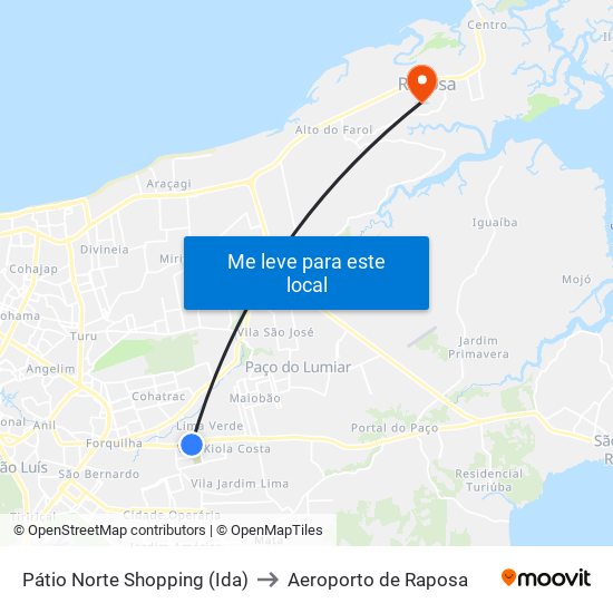 Pátio Norte Shopping (Ida) to Aeroporto de Raposa map