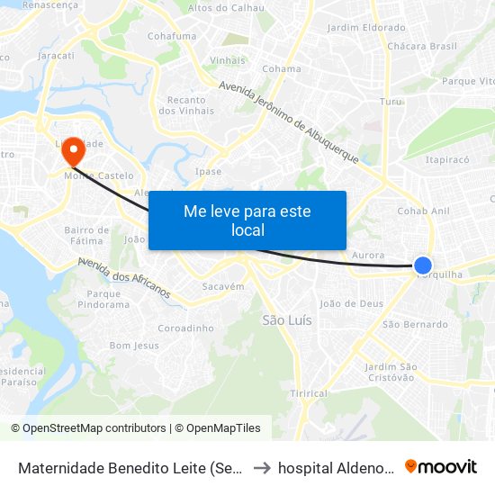 Maternidade Benedito Leite (Sentido Cohab) to hospital Aldenora Bello map