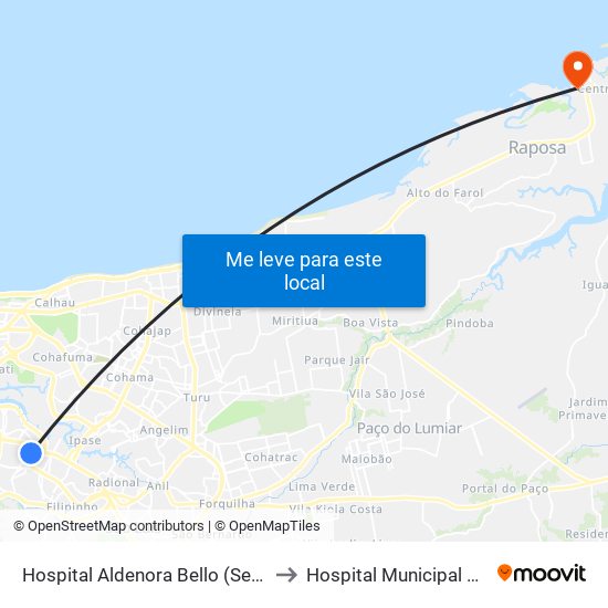 Hospital Aldenora Bello (Sentido Bairro) to Hospital Municipal da Raposa map