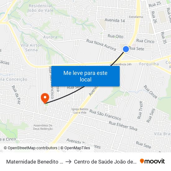 Maternidade Benedito Leite to Centro de Saúde João de Deus map