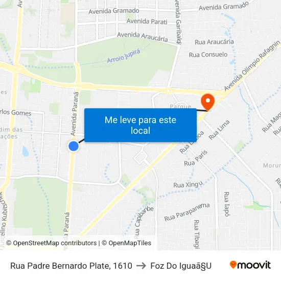Rua Padre Bernardo Plate, 1610 to Foz Do Iguaã§U map
