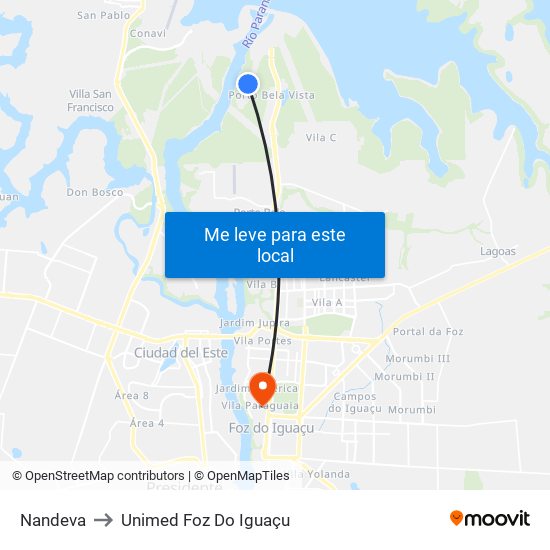 Nandeva to Unimed Foz Do Iguaçu map