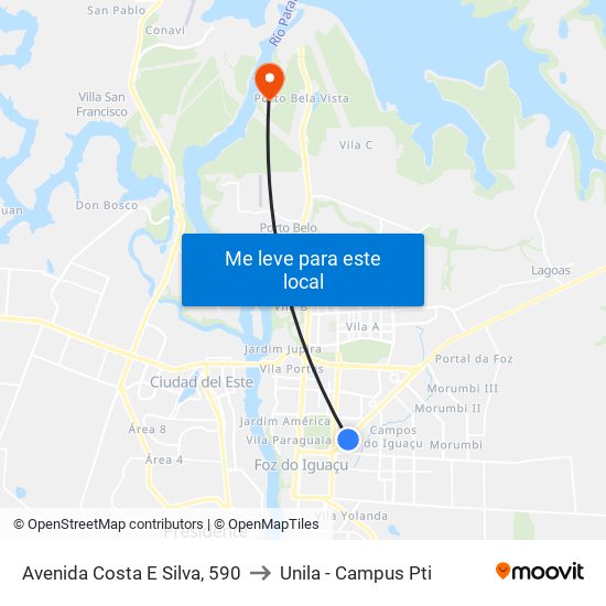 Avenida Costa E Silva, 590 to Unila - Campus Pti map