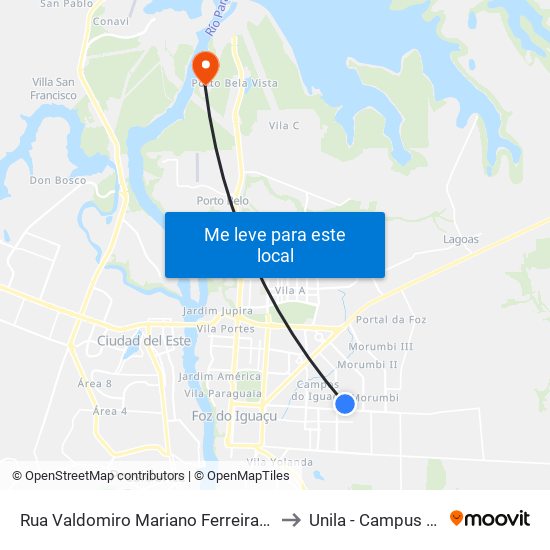 Rua Valdomiro Mariano Ferreira 86 to Unila - Campus Pti map