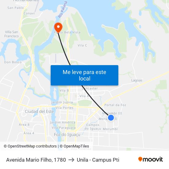 Avenida Mario Filho, 1780 to Unila - Campus Pti map