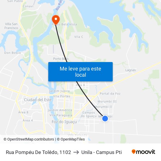Rua Pompéu De Tolêdo, 1102 to Unila - Campus Pti map
