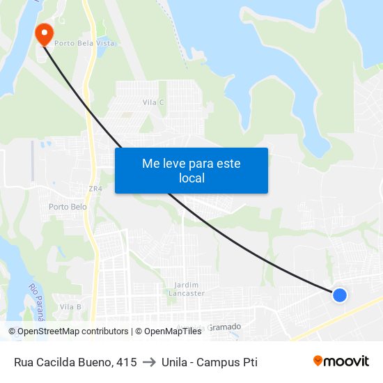 Rua Cacilda Bueno, 415 to Unila - Campus Pti map