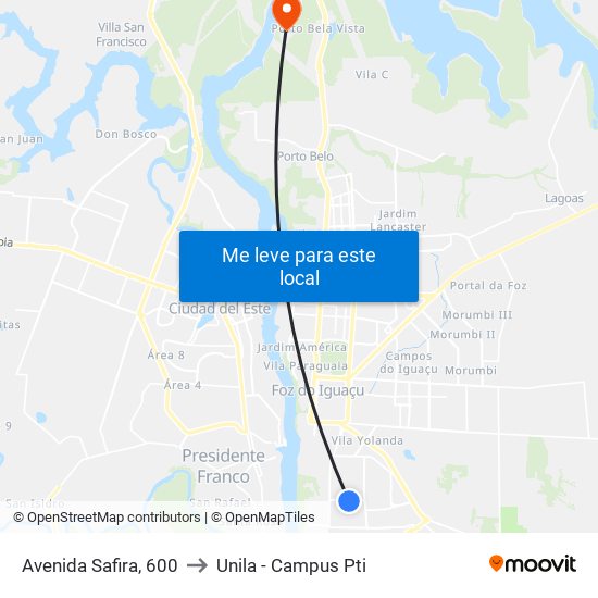 Avenida Safira, 600 to Unila - Campus Pti map