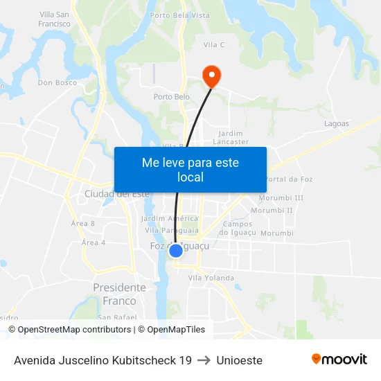 Avenida Juscelino Kubitscheck 19 to Unioeste map