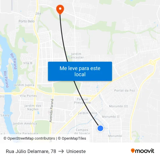 Rua Júlio Delamare, 78 to Unioeste map