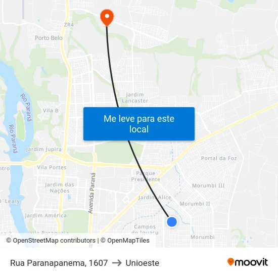 Rua Paranapanema, 1607 to Unioeste map