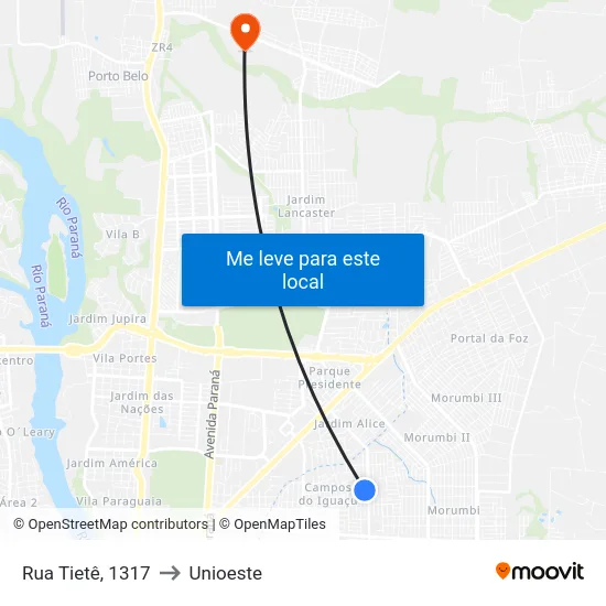Rua Tietê, 1317 to Unioeste map
