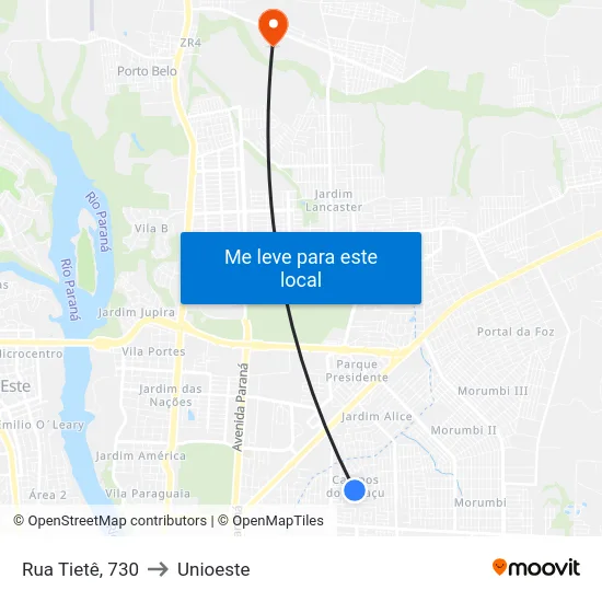 Rua Tietê, 730 to Unioeste map
