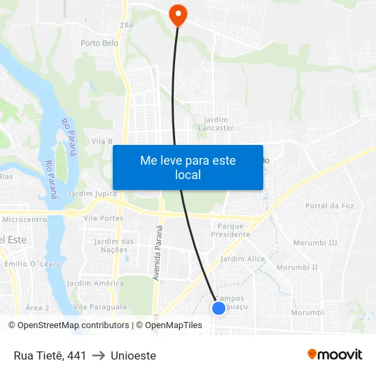 Rua Tietê, 441 to Unioeste map