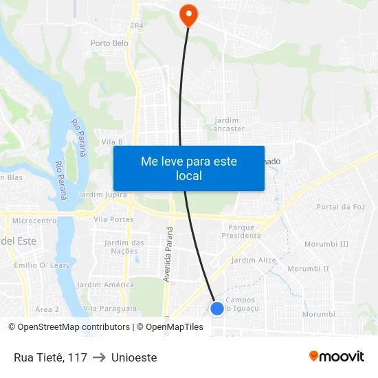 Rua Tietê, 117 to Unioeste map