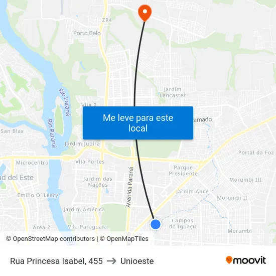 Rua Princesa Isabel, 455 to Unioeste map