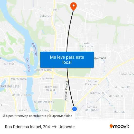 Rua Princesa Isabel, 204 to Unioeste map