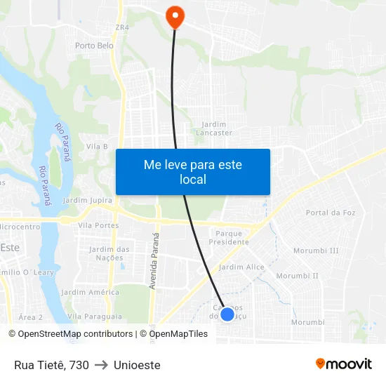 Rua Tietê, 730 to Unioeste map