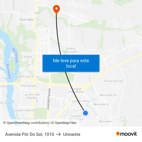 Avenida Pôr Do Sol, 1010 to Unioeste map