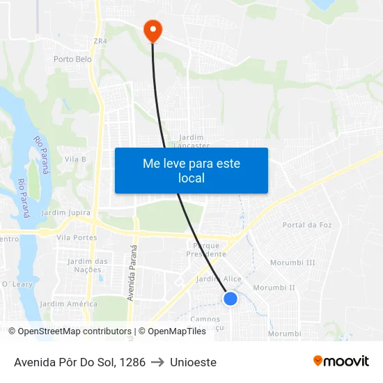 Avenida Pôr Do Sol, 1286 to Unioeste map