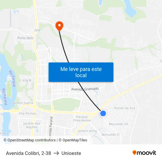 Avenida Colibri, 2-38 to Unioeste map