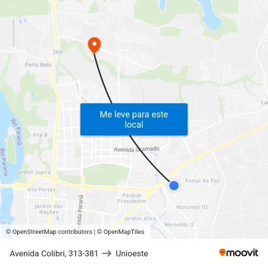 Avenida Colibri, 313-381 to Unioeste map