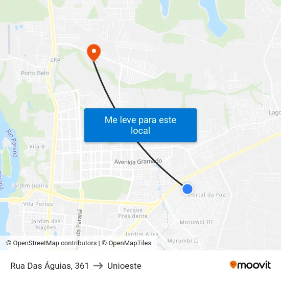 Rua Das Águias, 361 to Unioeste map