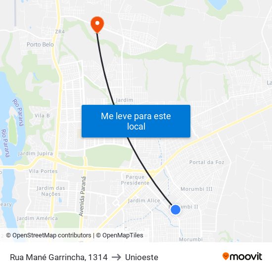 Rua Mané Garrincha, 1314 to Unioeste map