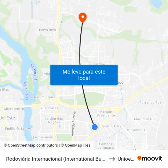 Rodoviária Internacional (International Bus Station) to Unioeste map