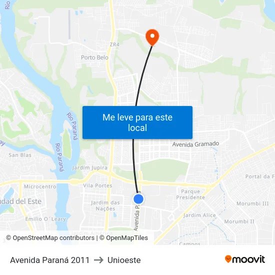 Avenida Paraná 2011 to Unioeste map
