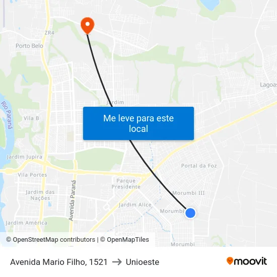 Avenida Mario Filho, 1521 to Unioeste map
