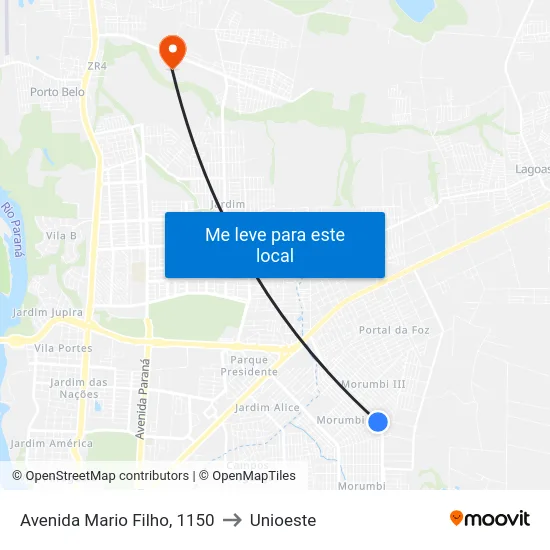 Avenida Mario Filho, 1150 to Unioeste map