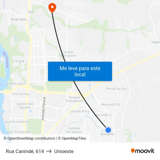 Rua Canindé, 614 to Unioeste map