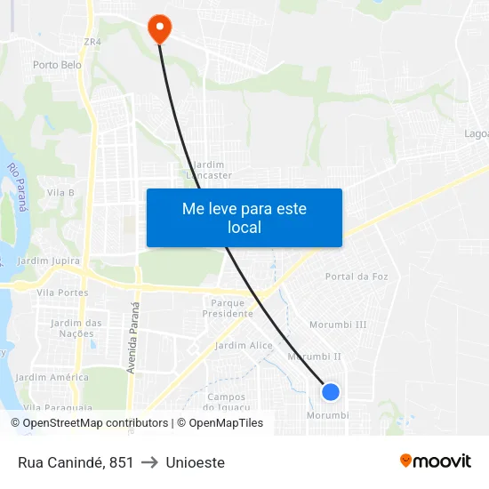 Rua Canindé, 851 to Unioeste map