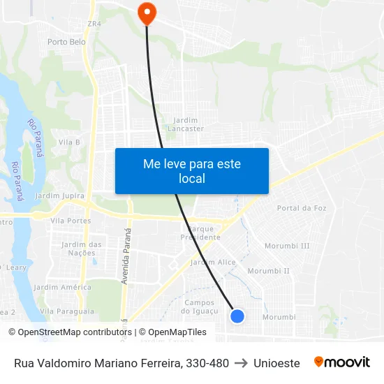 Rua Valdomiro Mariano Ferreira, 330-480 to Unioeste map