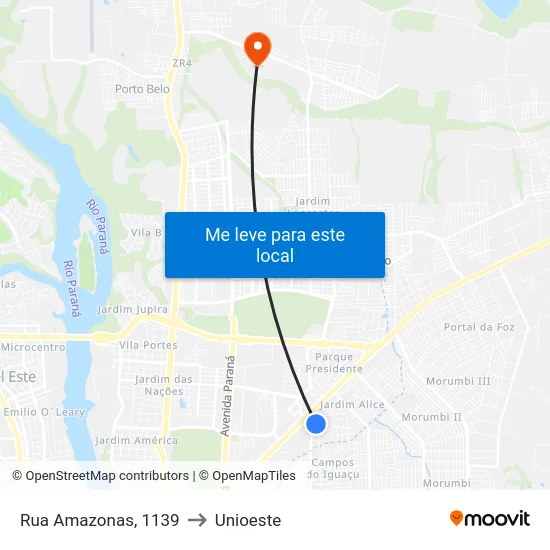 Rua Amazonas, 1139 to Unioeste map