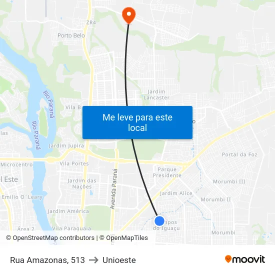 Rua Amazonas, 513 to Unioeste map