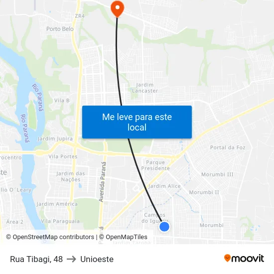 Rua Tibagi, 48 to Unioeste map