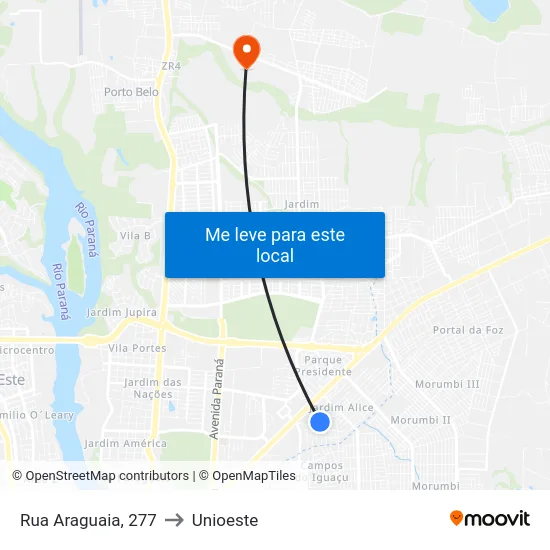 Rua Araguaia, 277 to Unioeste map