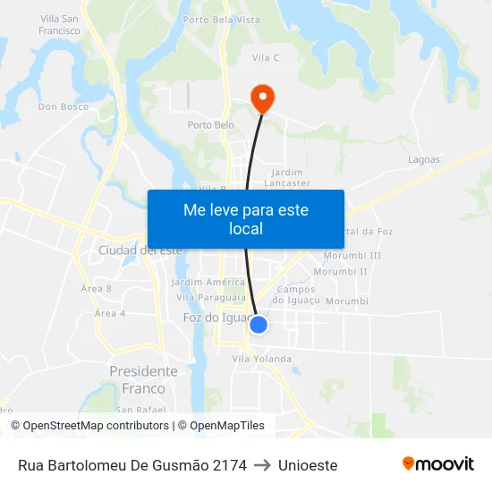 Rua Bartolomeu De Gusmão 2174 to Unioeste map