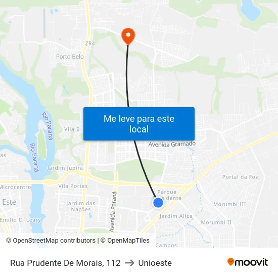 Rua Prudente De Morais, 112 to Unioeste map