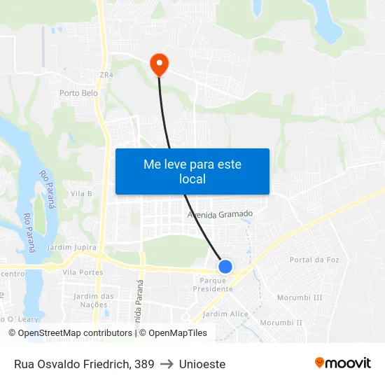 Rua Osvaldo Friedrich, 389 to Unioeste map