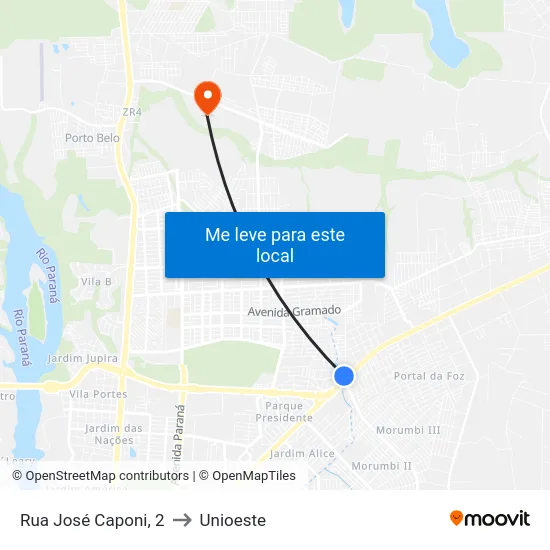 Rua José Caponi, 2 to Unioeste map
