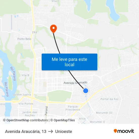 Avenida Araucária, 13 to Unioeste map