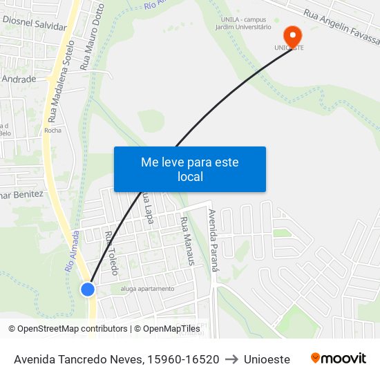 Avenida Tancredo Neves, 15960-16520 to Unioeste map