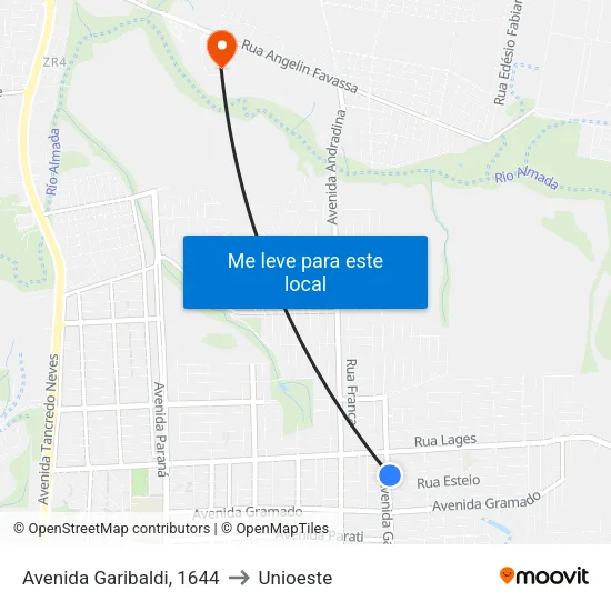 Avenida Garibaldi, 1644 to Unioeste map